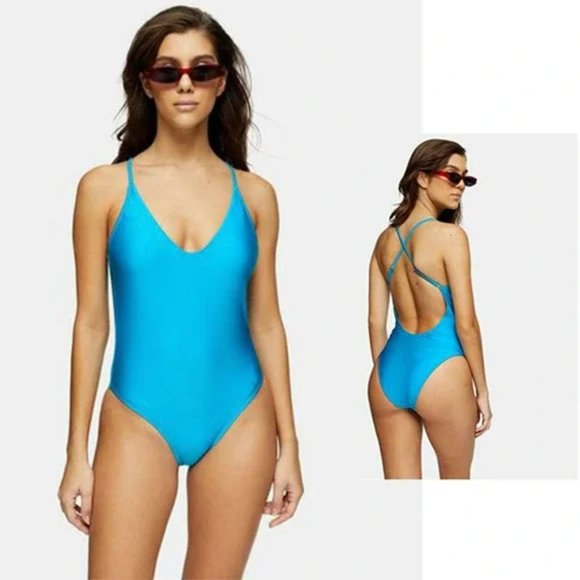 Topshop Other - Topshop Shiny Plunge Womens One Piece In Turquoise Blue In Azure Size 16 NWOT